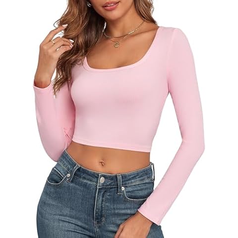 Cute Long Sleeve Crop Tops for Women Ribbed Square Neck Slim Fitted Casual Lady Fashion Y2K Top 2024 (Pink Medium) Cover