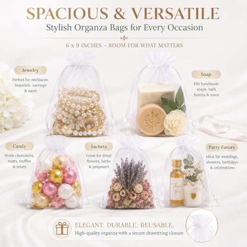 Image of Hopttreely 50Pcs White Organza Bags 6x9 Inches, Large Mesh Gift Bags Drawstring, Jewelry Pouches Candy Treat Sachet Mesh Bag Drawstring for Wedding Party Favors Baby Shower and Fruit Protection