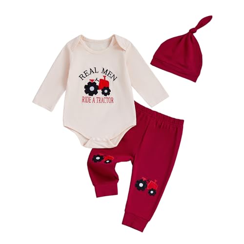Image of ZAXARRA Baby Boys Pants Set, Long Sleeve Crew Neck Embroidery Letters Tractor Romper with Sweatpants and Hat Fall Outfit (Red, 0-3 Months)