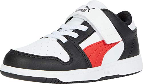 PUMA Unisex-Baby Rebound Layup Lo Hook and Loop Sneaker, White Black-High Risk Red, 5 M US Toddler