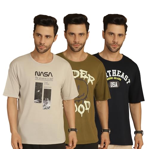 Image of Mack Jonney Printed Oversized Fit Round Neck Cotton Half Sleeves Tshirt for Men(Pack of 3)-MACK635022