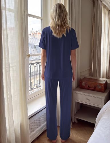 Image of HNG Women Pajamas Set 2 Piece Button Up Pajamas Pant and Short Sleeve Shirt for Woman Pj Sets with Pocket