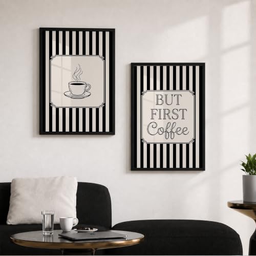 Image of Suneree But First Coffee Wall Art Set of 2 Framed Paintings | Black White Striped Coffee Poster Kitchen Cafe Decor | Home Office Wall Decor (Art 20, 10x13 Inches, Black)