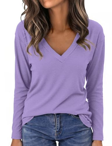 Aottori Camiseta Manga Larga Mujer Básica Top Cuello en V Elegante Blusa Camisas Suelta Trabajo Informal Pullover tee Shirts Púrpura L