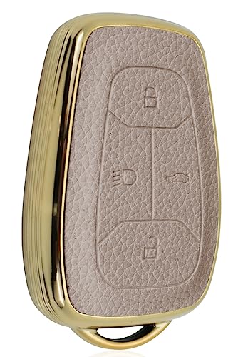 Image of JVCV Premium Soft Gold Border TPU Leather Pattern Key Cover Compatible with Tata Nexon, Harrier, Tiago EV, Altroz, Tigor, Safari, Nexon EV, Punch, Punch EV 4 Button Smart Key (Beige)