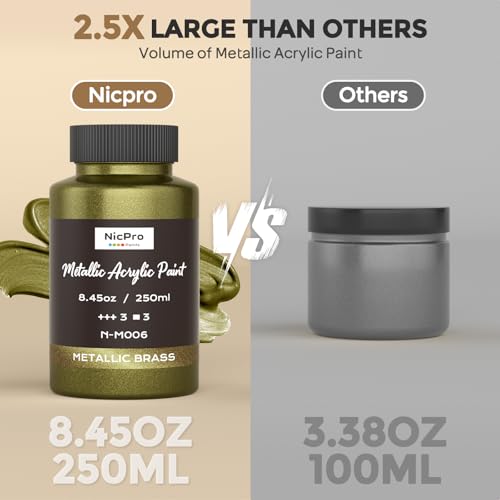Image of Nicpro Metallic Brass Acrylic Paint, 8.45oz /250ml Large Brass Leaf Paint | Non Toxic, Non Fading Craft Paints for Metal, Wood, Clay, Fabric, Canvas, Furniture, Handcrafts, Art Supplies
