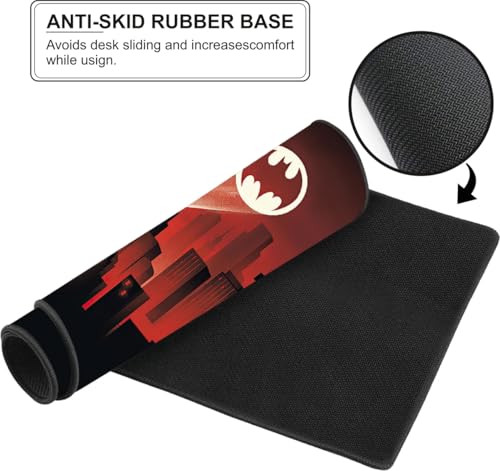 Image of Dark Vigilante Cityscape Desk Mat 58.5x28 cm Gaming Mouse Pad | Red Skyline Hero Design | Waterproof Surface, Anti-Slip Rubber Base, 2mm Thick Extended Mousepad for Laptop, Keyboard & Office Use