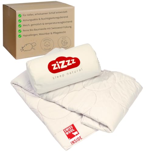 zizzz Schafwolldecke - Bettdecke aus Bio Baumwolle - 4 Jahreszeiten - Verschiedene Größen - Atmungsaktiv & weich - Woll Bettdecke mit Swisswool Füllung (290g/m2) - Hochwertiges Ganzjahr Duvet