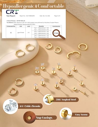 YADOCA Hypoallergenic Gold Stud Hoop Earrings for Women - Surgical Stainless Steel Flat Back Earrings 14K Gold Cartilage Hoops Earring Stacks Small Flatback Stud Earring Sets for Multiple Piercing4