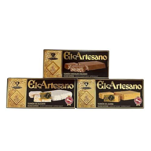 El Artesano - Turrón Calidad Suprema con Azucar (3 Uds Jijona Alicante Chocolate Crujiente)