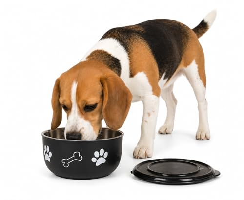 ciotole per cani - Kena nero & argento con coperchio - taglia M - acciaio inox - per crocchette cane - 800 ml