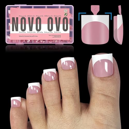 NOVO OVO French Tip Toe Nail Tips Press on, Sharp Square Pre-Designed Soft Gel Toenail Extension, BERRY PINK Pre-applied Tip Primer & Base Coat, Full Cover Acrylic for DIY x 15 Sizes 240 pcs