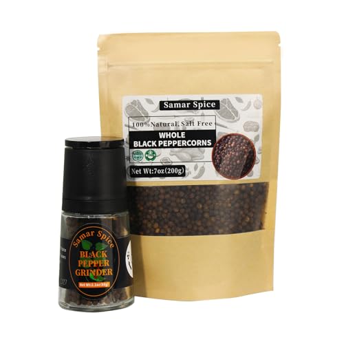 Whole Black Peppercorns with Adjustable Grinder(2.1oz+7oz) & Refill Pack | Restaurants & Home Cooks | Enhances Meat, Beef, Steak & Meat Lovers' Dishes (60g+200g)