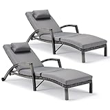HOMREST Chaise Lounge Chairs Set of 2, PE Rattan Wicker Patio Lounge Chair with Adjustable 5 Position, Arm and Wheels for Poolside Backyard Deck Porch,Grey