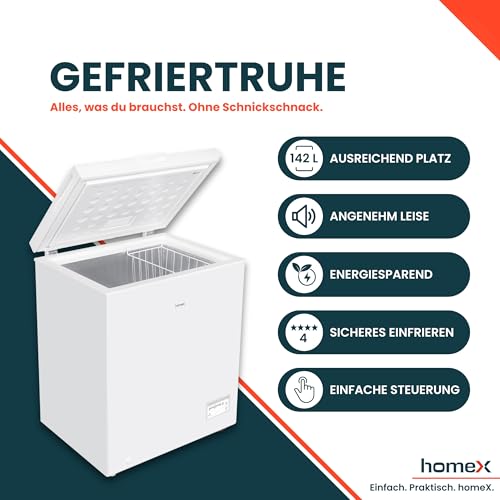 homeX Gefriertruhe, Tiefkühltruhe klein - 142L Nutzinhalt, 4-Sterne Gefrieren, Super-Frost-Funktion, Kühltruhe inkl. Ablagekorb, LED-Display, elektronische Temperaturregelung, leise 40 dB, weiß