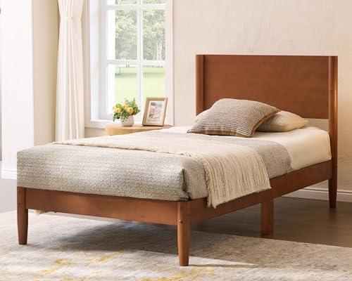 Image of AMERLIFE Solid Wood Twin Bed Frame, Mid Century Bed with Headboard, Brown