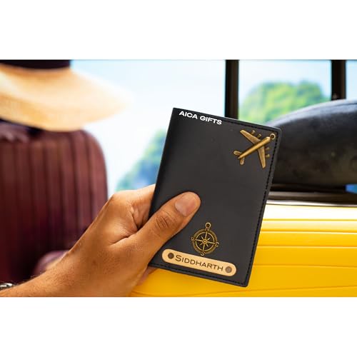 Image of AICA Personalised Name & Charm Leather Passport Cover Holder for Men & Women (NavyBlue) | Birthday Gifts for Men
