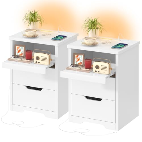 TEENFON Set de 2 Tables de Chevet avec Éclairage LED 3 Couleurs et Charge Rapide USB/Type-C – Chevet de Lit Ainsi Que Table de Nuit Moderne avec Plateau...