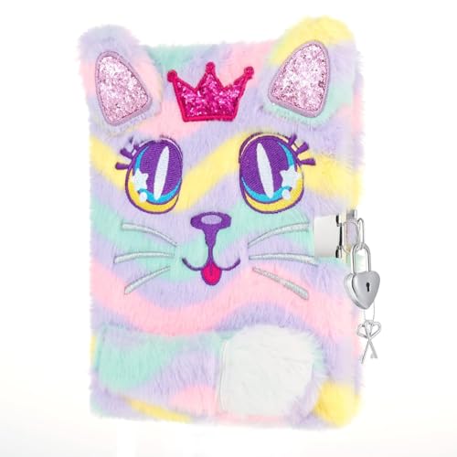 WERNNSAI Libreta Gato Peluche - Brillante Gato Diario para Niña Niños Regalo Bordado A5 Secreto Forrado Cuaderno Escuela Oficina Escritura Dibujo Bloc de Notas con Cerraduras y Llaves