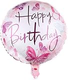 DIWULI Happy Birthday Balloon Pink Butterfly - Happy Bday Balloon, Happy Birthday Foil Balloon Round