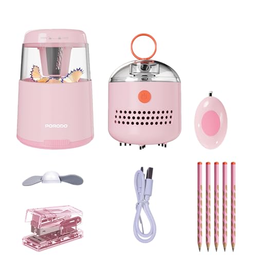 Porodo Kids Electric Sharpener & Vacuum All-in-One Stationary Set, 5×HB Writing Pencils, Electric Eraser, Fan, Type-C Charging, Full-Automatic Sharpener, Kids-Friendly Design (Pink)