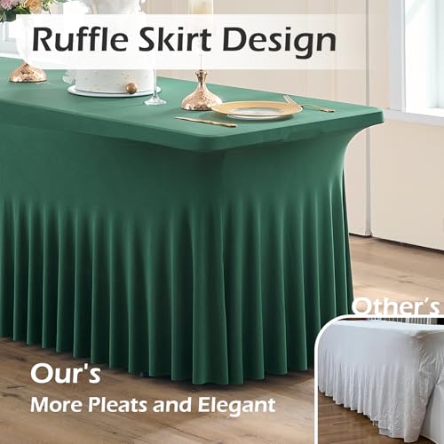Image of 2 pk Hunter Green Spandex Tablecloth for 6 Foot Rectangle Tables, Wrinkle Free Fitted Spandex Table Covers 6ft Green Stretch Table Cloths with Ruffle Skirt for Parties Weddings Banquet Baby Shower