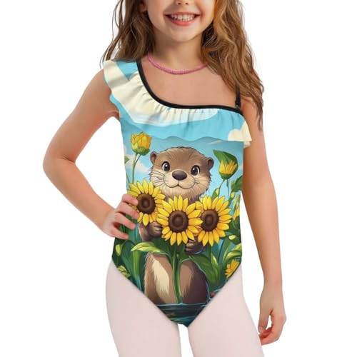 Image of Xpyiqun Swimsuits for Girls 3-14 1-Shoulder Ruffle Bathing Suit One Piece Adjustable Halter Swimming Wear