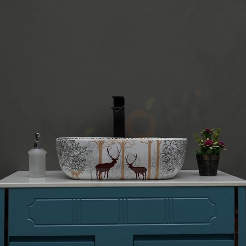 Image of Designer Glossy Finish Table Top Ceramic Wash Basin Vessel Sink with Slim Rim | Collapsible Wash Basin | Wash Basin for Bathroom | Bathroom Sink (Animal Printed, 18 x 13 x 5.5 Inch) (Red)