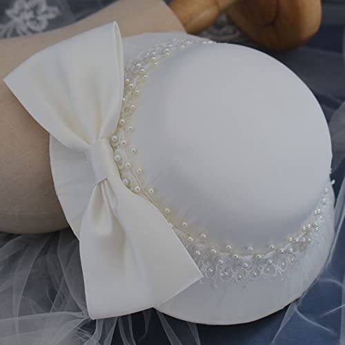French Style Fedoras Top Hat Big Deep Wedding White Satin Bow Pearls Cap Elegant Ladies Formal Church Headwear #TOP2