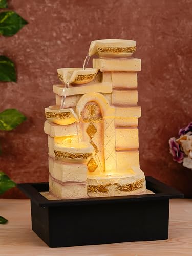 Image of CHRONIKLE Polyresin Designer Table Top Indoor Home Decor 4 Steps Waterfall Fountain with Yellow LED Lights & Water Flow Controller Pump (Size: 40 x 29.5 x 22CM | Weight: 2185grm | Color: Cream)