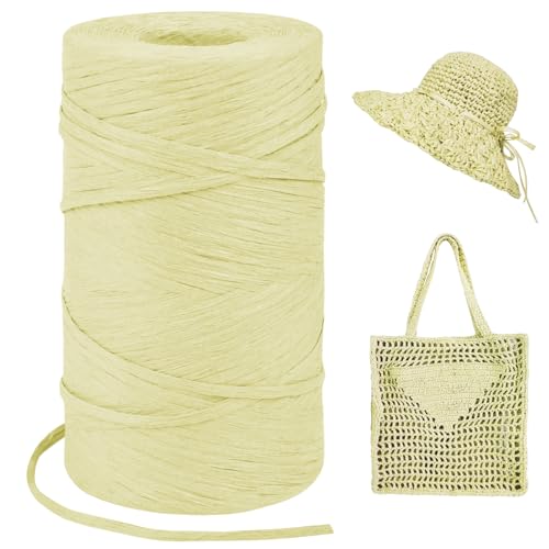 Image of Light Yellow Raffia Yarn for Crochet Bags, 3mm x 328 Yards Flat String Raffia Ribbon for Gift Wrapping, Raffia Paper Ribbon Yarn for Crocheting Sun Hat, Bag, DIY Crafts, Holiday Decoration