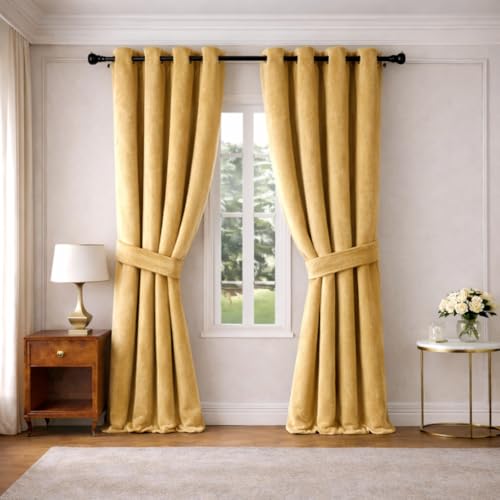 Image of Velvet Curtains | Heavy Soft Premium Velvet Drapes for Bedroom and Living Room | Semi Light Blocking, Thermal Insulated and Noise Reducing Long Door Panels | 8 Feet, Set of 2 (Mustard)