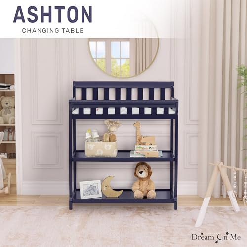 Image of Dream On Me Ashton 2-in-1 Changing Table & Nightstand in Navy- Solid New Zealand Pinewood, Safety Rails, Spacious Storage Shelves & Water-Resistant Changing Pad, Converts to Nightstand
