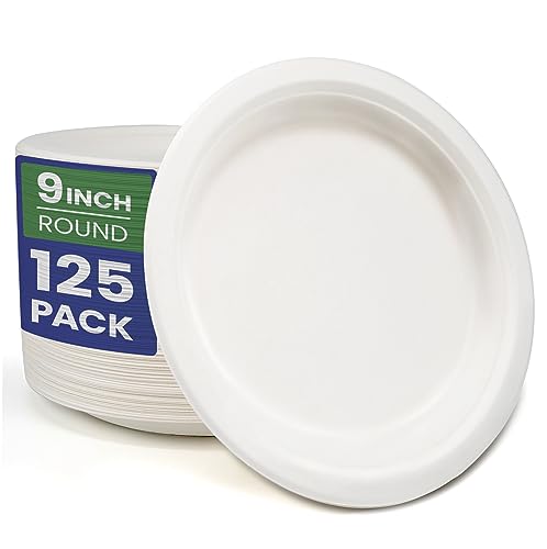 GreFusion 9 Inch Strong Paper Plates [125 Pack] Heavy Duty Disposable Plates Sugarcane Eco-Friendly White Party Plates
