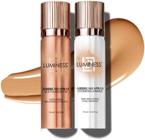 LUMINESS Silk Airbrush Spray Foundation & Primer Kit - Full Coverage Foundation, Anti-Aging Formula Hydrates & Moisturizes with Hyaluronic Acid, Aloe Vera & Hydrolyzed Silk (Shade - Medium)