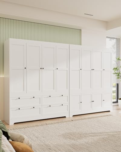 White Large Wardrobe Closet, 8 Door 71" Tall White Wooden Freestanding Storage Armoire – Oversize Capacity Modular Cabinet with Drawers, Space-Saving Durable Design for Bedroom & Closet Organization