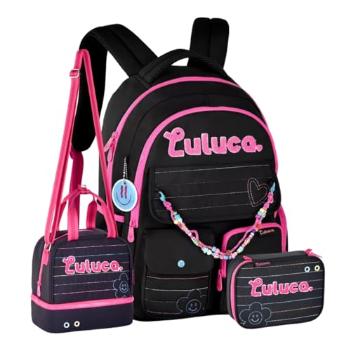Kit Mochila Costas Luluca Meninas Pandinha Lancheira Estojo Preto