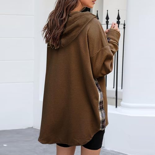 HGps8w Women's Plaid Patchwork Oversized Corduroy Shirt Jacket - Loose Button Down Long Sleeve Winter Coats Outerwear3