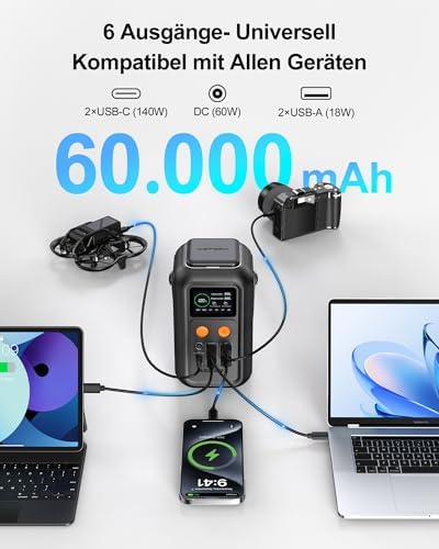 Bild 1 - AsperX 192Wh Tragbare Powerstation,140W Power Station mit Notfall Lampe, Camping Solargenerator Powerbank für Mehrere Geräte, Stromspeicher für Reisen Outdoor Portable Powerbank, LiFePO4-Akku