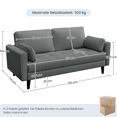 Yaheetech 2 Sitzer Sofa, Polstersofa mit 2 Kissen und Armlehnen, Moderne Couch Loungesofa aus Leinenstoff, Bequemes Loveseat für Wohnzimmer/Schlafzimmer Dunkelgrau