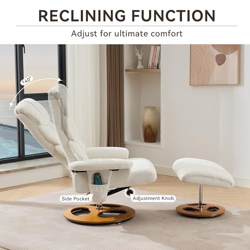 Swivel Stressless Recliner with Ottoman - Swivel Recliner Chairs with Ottoman with Remote-Control Massage System, Massage Recliner Chairs with 360° Rotation, Manual Recliner for Bedroom, Den (White)