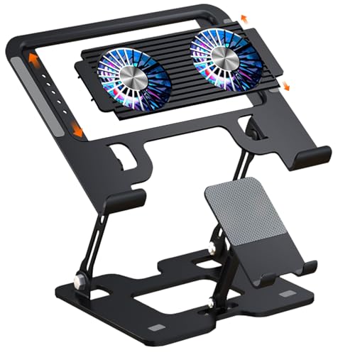 Image of Dyazo Foldable Metal Laptop & Mobile Stand with Dual Cooling Fans | Adjustable Height & Angle | Ventilated Silent Operation | Compatible for MacBook, HP, Dell, Acer, Lenovo & Other Notebooks (Black)