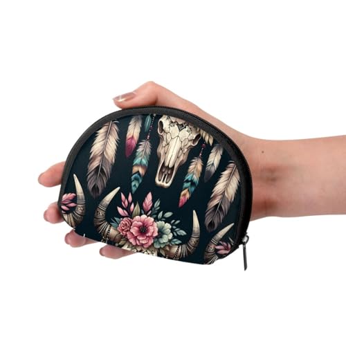 Portable Coin Purse Flower-Bull-Skulls-Indian Mini Zippered Money Pouch Card Holder3