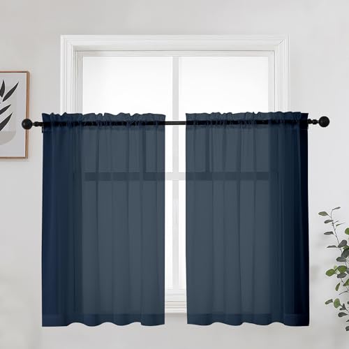 Image of OWENIE Blue Sheer Curtains 36 Inches 2 Panels Set - Kitchen Tiers Valances Curtains Light Filter Rod Pocket Voile Cafe Curtains for Kitchen Bathroom Small Half Window, 42 in W x 36 in L, Navy