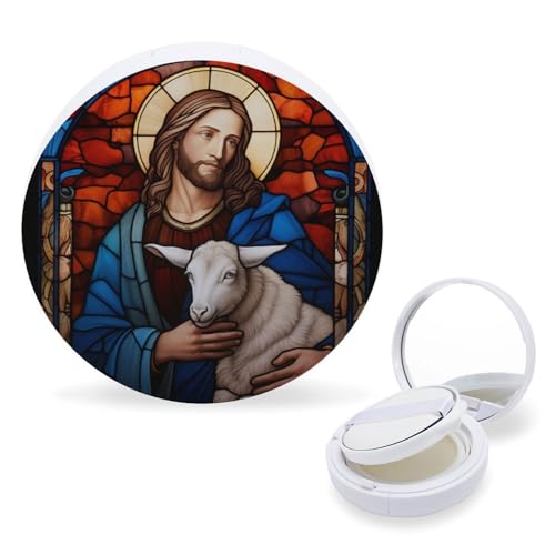 Hayyett Stained Glass Jesus Carrying A Sheep Air Cushion Puff Box Portable Cosmetic Makeup Case Container,Loose Powder Foundation Container