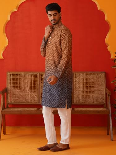 Image of Jompers Thread Work & Sequin Embellished Printed Kurta Set for Men Cotton Blend