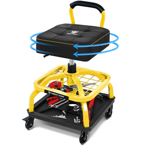 FREEKYROCK Rolling Shop Stool with Wheels, Garage Mechanic Shop Chair with Handle Backrest, Adjustable Height Work Stool, Roller Seat with Tool Tray Storage, Heavy Duty, 330 LBS Capacity, Yellow