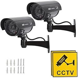 Cámaras De Vigilancia Falsas Con Movimiento TIMESETL Camara Vigilancia Falsa 2Pcs Cámara Simulada de Seguridad con LED Rojo Parpadeante con Soporte de Pared- Exterior Interior, Negro, Sólo movimiento