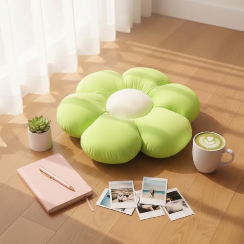 Image of AVSHUB Sunflower Pattern 6 Petal Cute Preppy Decorative Throw Pillow|Floor Cushion with Fibre Filling for Aesthetic Decoration (Green, 35CM)