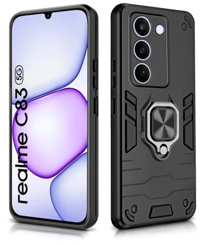 Image of WOW IMAGINE Shock Proof Back Case Mobile Cover for Realme C83 5G | Realme Narzo 100 Lite 5G | Realme P4 Lite 5G | Back Cover (Tough Armor | Hybrid PC + TPU | Ring Holder & in-Built Kickstand | Black)